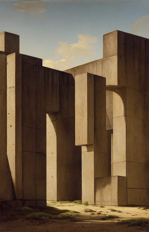 Prompt: classical landscape paintings of brutalist concrete structures, by eugene von guerard