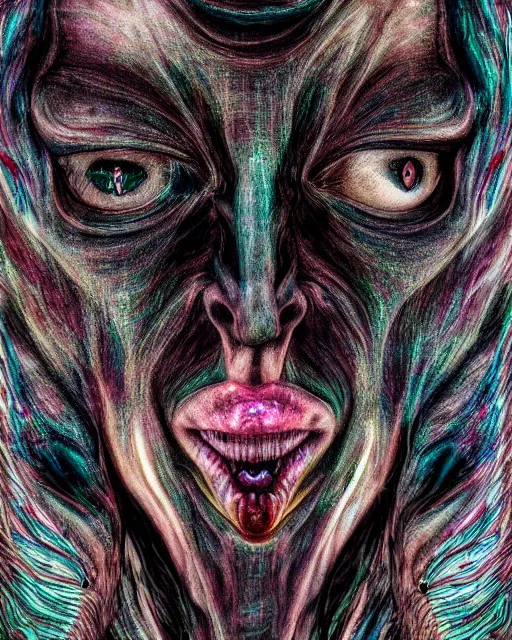 Image similar to realistic portrait of a creature experiment gone wrong, psychedelic, dark art, facing camera, photo realistic, detailed, 1 4 5 0, delicate, hyper realism, ultra realistic, 8 k