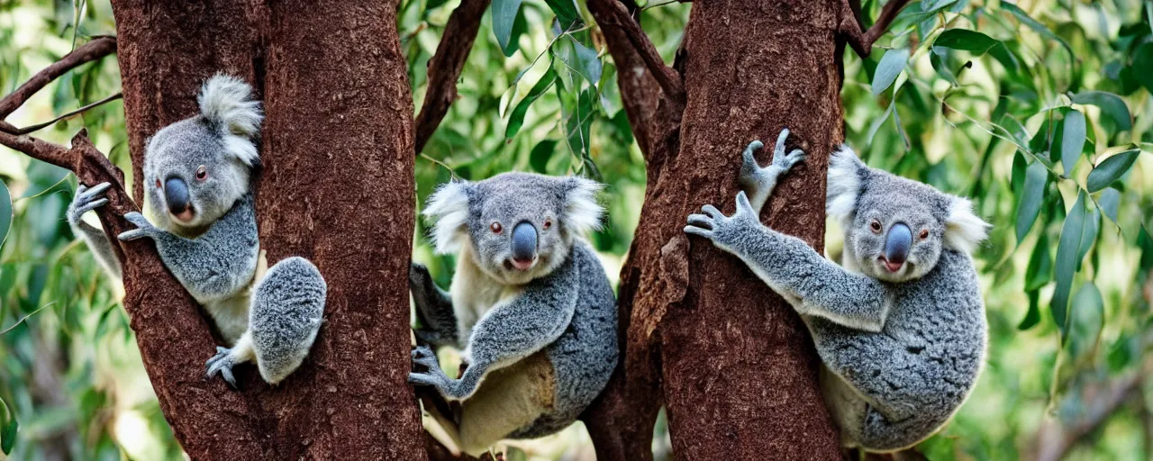 Image similar to 1 koala eating spaghetti from a tree, in the style of national geographic, canon 5 0 mm, film, kodachrome, retro, muted