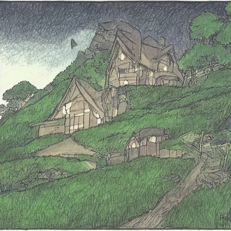 Image similar to drawing of a house on a hill overlooking a body of water, a comic book panel by hayao miyazaki, featured on tumblr, neo - romanticism, wallpaper, minimalistic