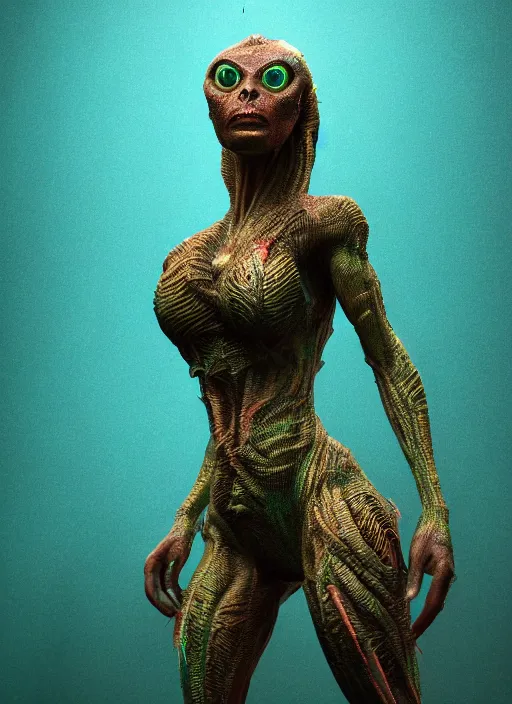 Image similar to alien woman, lake, clothes made out of leaves, rgb, cables everywhere, bedroom, ultra realistic, concept art, intricate details, highly detailed, photorealistic, octane render, 8 k