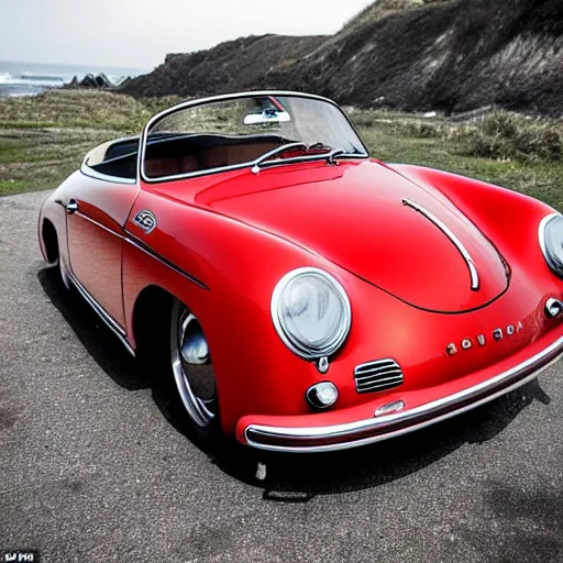 Image similar to abadoned porsche 356 roadster, red interior, at a car park next to a beach in california , morning