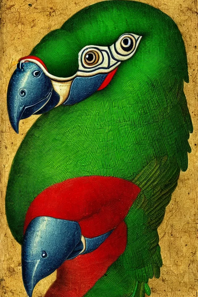 Image similar to a renaissance close up portrait of a green duck parrot as a ninja turtle, centered, triumphant, beautiful intricate painting