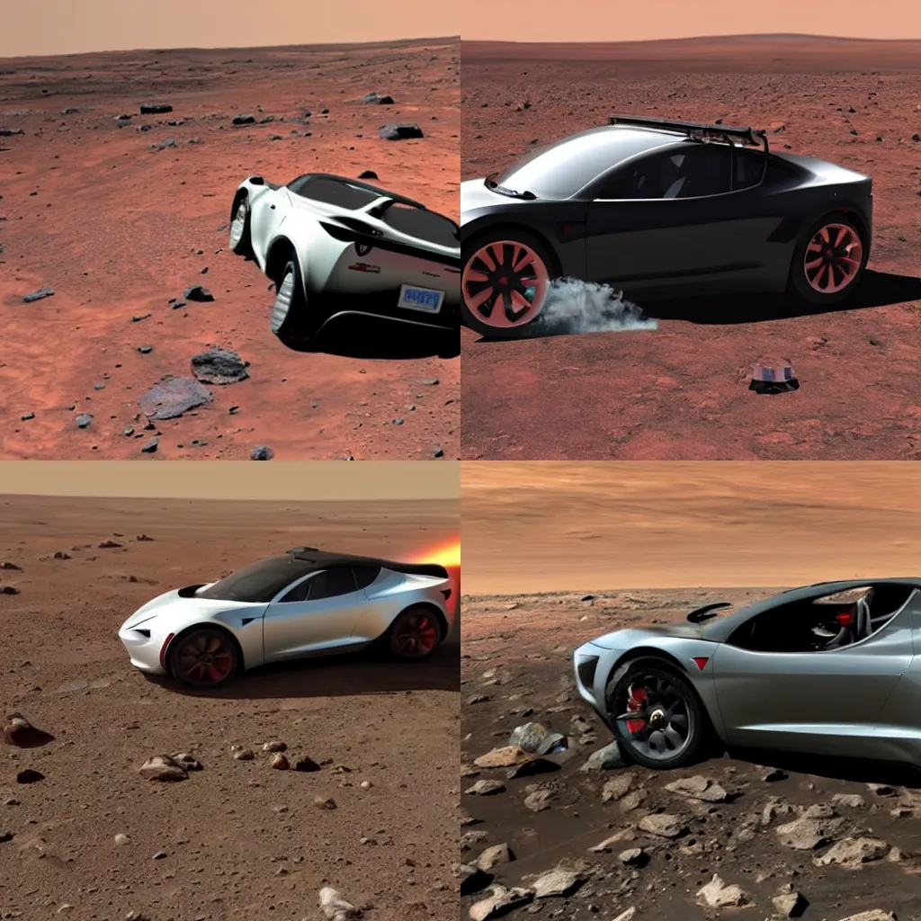 Prompt: a tesla roadster falling from space and crashing into mars