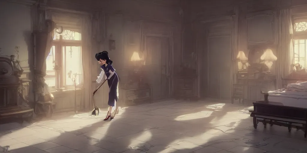 Image similar to animation key shot of a pretty woman with black hair dressed as a maid sweeping the floor in an elegant palace bedroom, studio ghibli, pixar and disney animation, sharp, rendered in unreal engine 5, anime key art by greg rutkowski, bloom, dramatic lighting