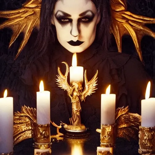 Image similar to gothic ritual with many golden candles, german shepherd with dragon wings in gothic makeup, gloomy, candlelight, intricate detail faces, fireplace photograph