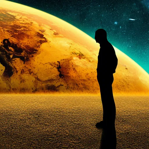 Image similar to 4K ultra HD detailed award-winning wallpaper silhouette of lonely man standing looking at Earth from far away huge vast sky universe