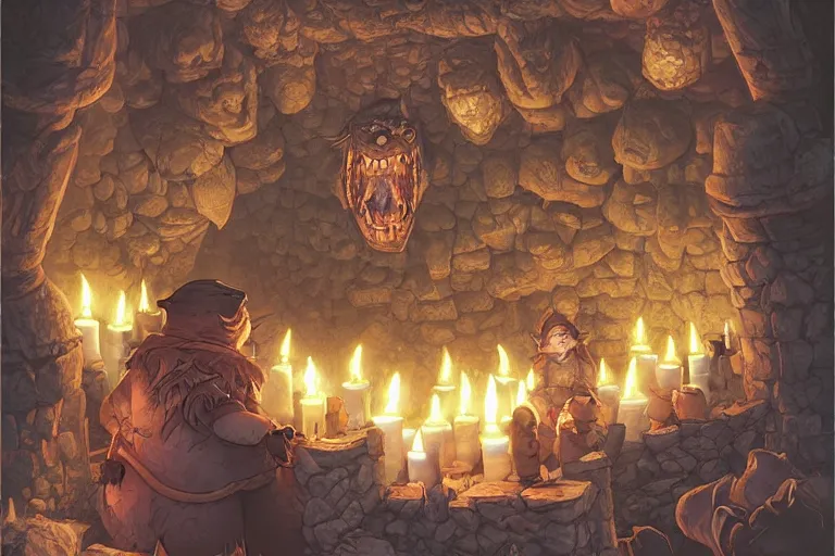 Prompt: point perspective dungeon dangerous fantasy dungeon the chubby werewolf merchant Trinn is selling fuzzy candles,by artgerm and Craig Mullins, James Jean, Andrey Ryabovichev, Mark Simonetti and Peter Morbacher 16k