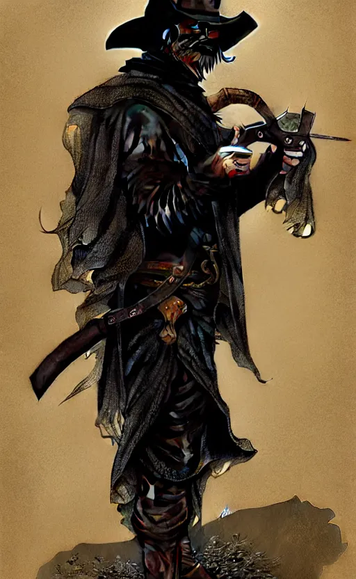 Image similar to Thin roguish cowboy man wearing a black cloak made of very thousands of thin strips of cloth that decay into mist. Holding a revolver. fantasy, highly detailed, digital painting, artstation, concept art, smooth, sharp focus, illustration, art by artgerm and greg rutkowski and alphonse mucha