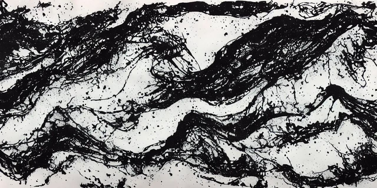 Prompt: laurentian appalachian mountains during winter, black ink landscape artwork with drippings, dribbles and splashes.