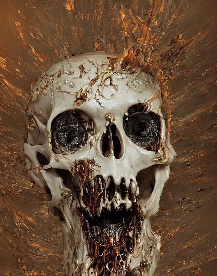 Image similar to portrait of a melting wax skull. intricate abstract. sharp teeth. delicate artwork. infected by zombie fungus. by Tooth Wu, wlop, beeple, dan mumford. octane render, trending on artstation, greg rutkowski very coherent symmetrical artwork. cinematic, hyper realism, high detail, octane render, 8k, depth of field, bokeh. chrome accents.