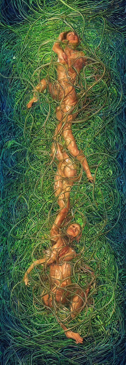 Image similar to a person trapped in the fetal position inside of extremely thick iridescent vines intertwined, central circular composition, high saturation, epic lighting, in the style of Peter gric and Amanda Sage 8k