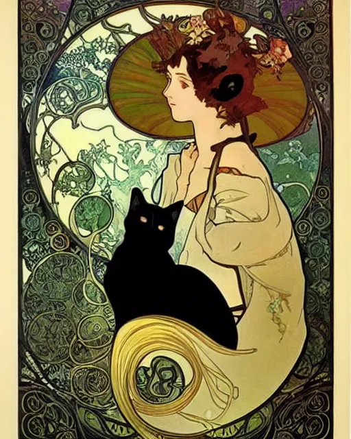 Image similar to art nouveau portrait of a cat, alphonse mucha, kay nielsen, studio ghibli, painterly