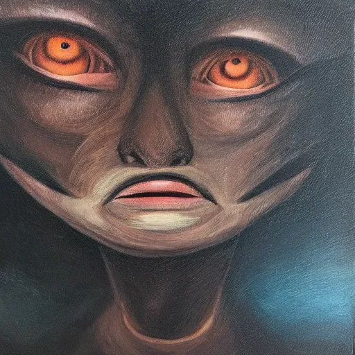 Prompt: terrible eyes from another world look out of the darkness, oil painting, 4k, 8k ,