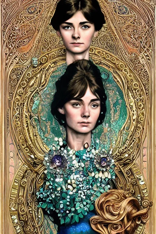 Image similar to a full body art nouveau portrait of a 16-year old sun goddess who resembles Audrey Hepburn and Saoirse Ronan with a worried, intense gaze and slightly opened mouth, ornate intricate iridescent mother-of-pearl jewelry, intricate, elegant, highly detailed, digital painting, artstation, concept art, smooth, sharp focus, illustration, art by John William Waterhouse and Bouguereau and Donato Giancola and alphonse mucha