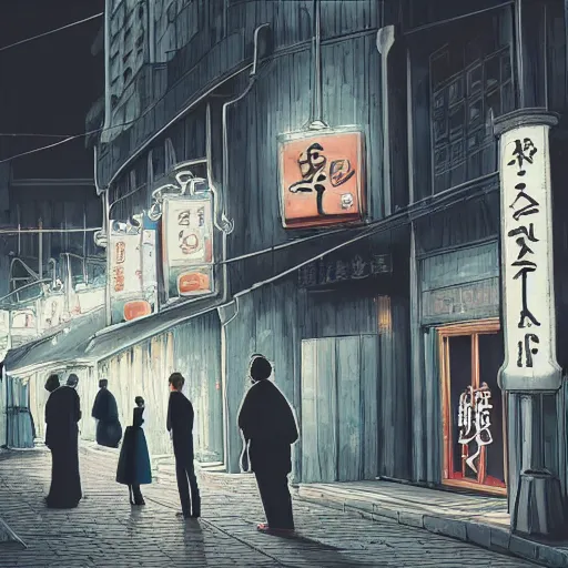 Image similar to a some people waiting in a lone bus stop in quiet dark city night in Spirited Away, high quality, high resolution,detailed