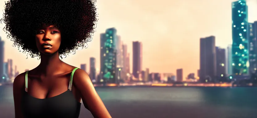 Image similar to portrait of a beautiful black woman with afro hair, cyberpunk rio de janeiro background, digital art, trending on artstation, brushstrokes, backlit, corcovado on the background