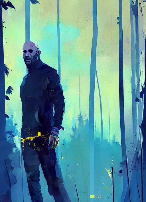 Prompt: horror art, jason statham vampire hunter, blue and gold trees in the background, art by ismail inceoglu