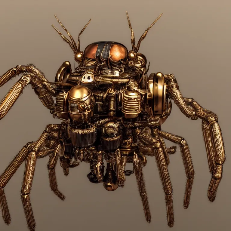 Image similar to a close up of an beautiful steampunk robotic spider inspired, unreal engine realistic render, high detailed face, photorealism, golden ratio, hyper - realistic 3 d, insanely super detailed, realistic octane render, 1 6 k, fashion photography, micro detail, backlit lighting, face in focus, subsurface scattering, thin porcelain