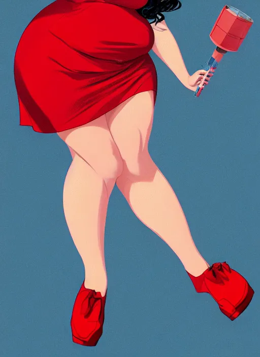 Image similar to full body portrait of teenage veronica lodge, obese, bangs, sultry, realistic, sultry smirk, wavy hair, red skirt, fat, belly, intricate, elegant, glowing lights, highly detailed, digital painting, artstation, concept art, smooth, sharp focus, illustration, art by wlop, mars ravelo and greg rutkowski