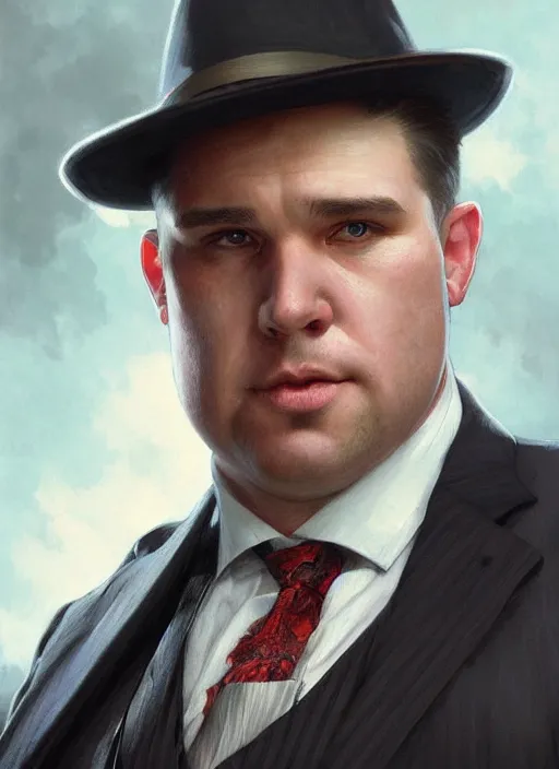 Image similar to wow! fantasy portrait of a clean - shaven chubby chubby chubby white man in a suit and tie, d & d, high fantasy, detailed, digital art, artstation, smooth, sharp focus, art by artgerm, greg rutkowski, alphonse mucha