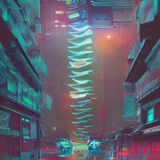 Image similar to many mechanical jellyfishes floating in the street at night after the rain, a mountain in the distance, surreal, cyberpunk, psychedelic, highly detailed, digital art, blade runner 2 0 4 9, 8 k