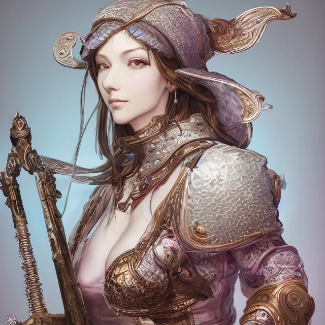 Image similar to studio portrait of neutral good colorful female cleric bard healer as absurdly beautiful, elegant, young skinny gravure idol, ultrafine hyperdetailed face illustration by kim jung gi, irakli nadar, intricate linework, sharp deep focus, bright colors, octopath traveler, final fantasy, unreal engine highly rendered, global illumination, radiant light, detailed and intricate environment