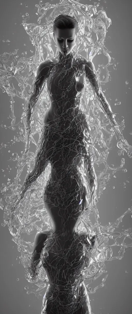 Prompt: a highly detailed digital image of an elegantly posed futuristic woman beautifully intertwined in liquid like leaves, full body shot, by Andrew Chiampo, artstation, and Frederik Heyman, extremely detailed woman, stunning volumetric lighting, hyper realism, unreal engine, fantasy 4k