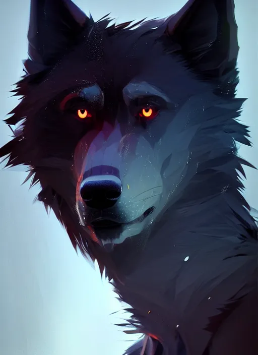 Image similar to beautiful headshot portrait of a male anthropomorphic black wolf red long hair. character design by cory loftis, fenghua zhong, ryohei hase, ismail inceoglu and ruan jia. artstation, volumetric light, highly detailed, photorealistic, fantasy, rendered in octane