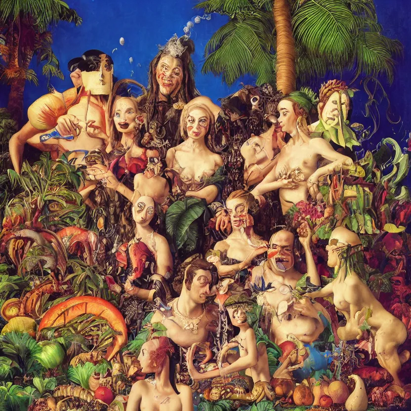 Prompt: a baroque close - up portrait painting of a tropical addams family. water, colorful fruit, tropical palm trees, and mushrooms. surrealism. night background. highly detailed science - fiction fantasy painting by norman rockwell, moebius, frank frazetta, syd mead, and stanislaw fernandes. rich colors, high contrast. renaissance masterpiece. artstation