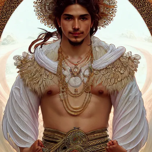 Image similar to beautiful and majestic Peruvian male god wearing a white perizoma, intricate, elegant, highly detailed, digital painting, artstation, concept art, smooth art, sharp focus, illustration, art by artgerm and greg rutkowski and alphonse mucha and loish and WLOP