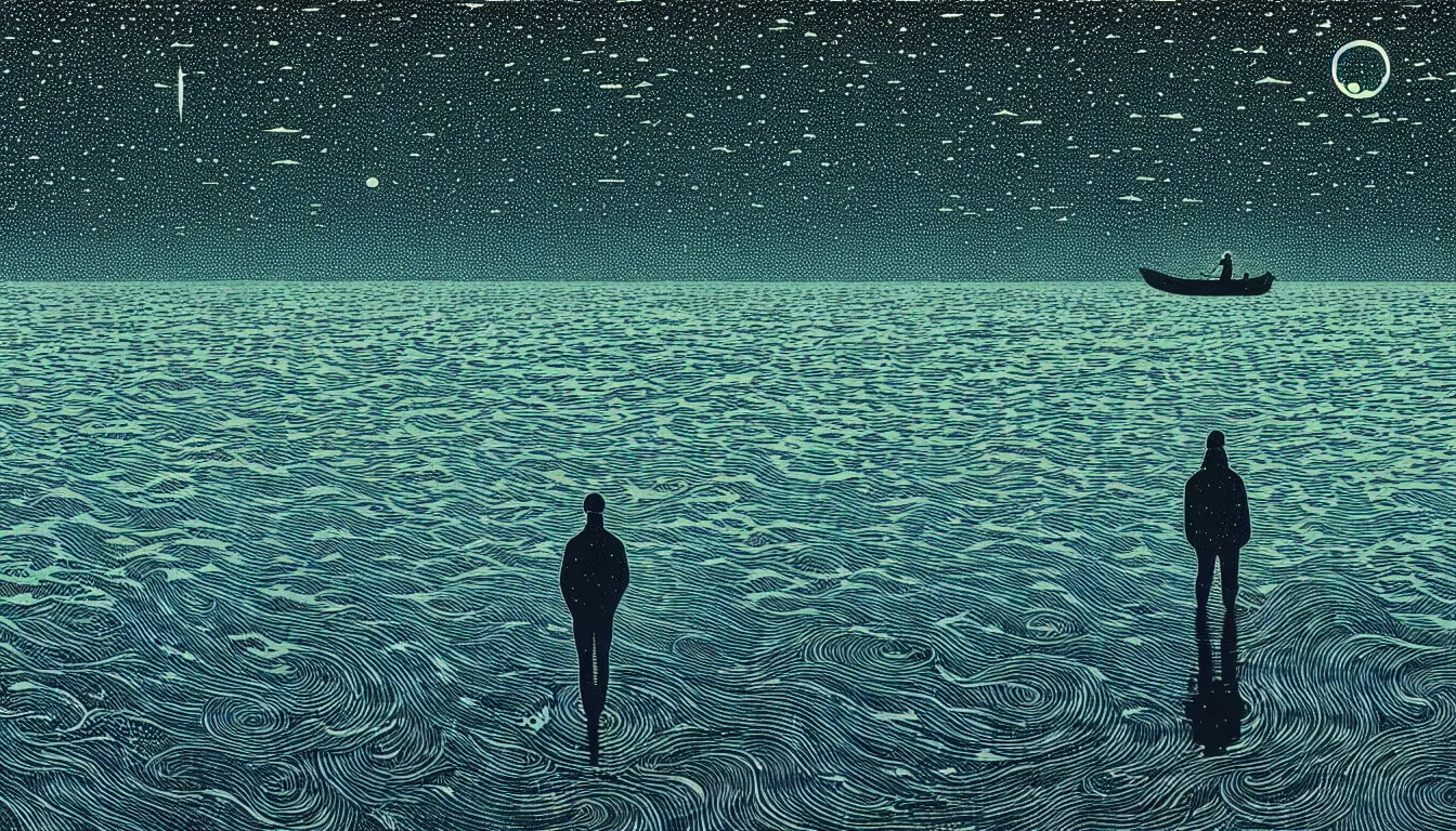 Image similar to standing in a lake looking at reflection of the night sky by woodblock print, nicolas delort, moebius, victo ngai, josan gonzalez, kilian eng