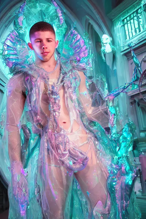 Prompt: photo of full-body rococo and cyberpunk delicate neon crystalline sculpture of ((muscular pale blue albino prince Nick Jonas)) as an iridescent humanoid deity wearing a thin see-through ((plastic hooded cloak)) (holding a human skull) in a neon castle dungeon, reclining con (((las piernas abiertas))), glowing pink face, crown of (white lasers), large diamonds, swirling black silk fabric. futuristic elements. oozing glowing liquid, full-length view. space robots. intricate artwork by caravaggio. Trending on artstation, octane render, cinematic lighting from the right, hyper realism, octane render, 8k, depth of field, 3D