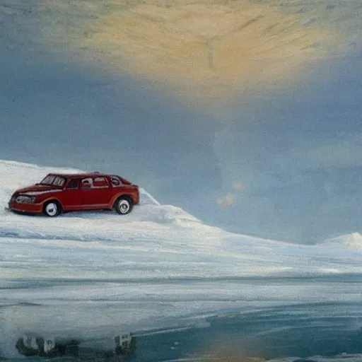 Prompt: car drifting on ice in the north pole. icebergs. toyota commercial. style of turner paintings