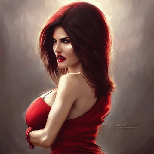 Prompt: portrait of sunny leone upper body in bloody business suit, blood red eyes, vampire fangs, fantasy, intricate, elegant, highly detailed, digital painting, artstation, concept art, matte, sharp focus, illustration, art by aenaluck and roberto ferri and greg rutkowski, epic fantasy, digital painting