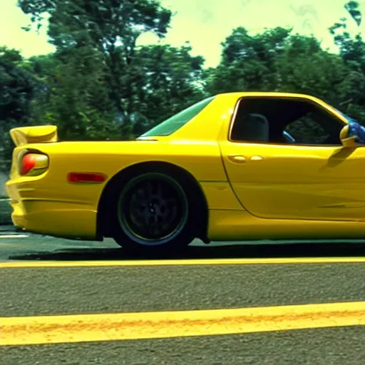 Prompt: yellow RX-7 in film Drive (2012) screen cap ryan gosling driver wide angle 22mm lens cinematic shot
