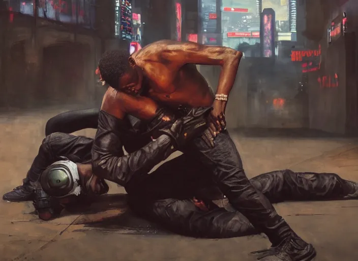 Image similar to chidi demonstrates skills in cyberpunk jujitsu match ( blade runner 2 0 4 9, dystopian, cyberpunk 2 0 7 7 character design ). orientalist portrait by john william waterhouse and james gurney and theodore ralli and nasreddine dinet, oil on canvas. cinematic, hyper realism, realistic proportions, dramatic lighting, high detail 4 k