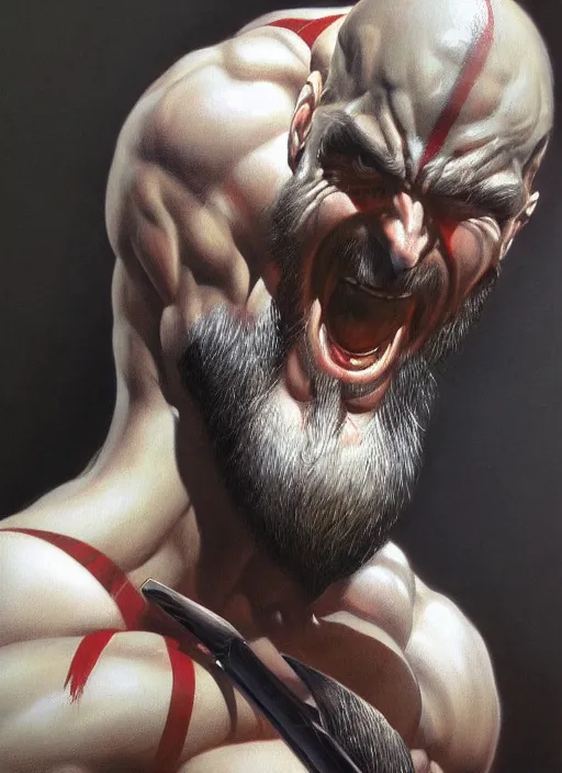 Image similar to a epic portrait of the god of war, art by boris vallejo and greg danton and denys tsiperko, detailed, hyperrealism, artstation