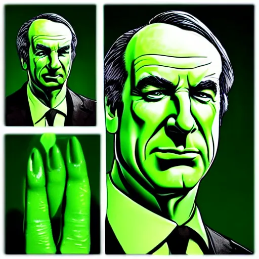 Image similar to Saul Goodman melting into green ooze by Artgerm, watery, disgusting