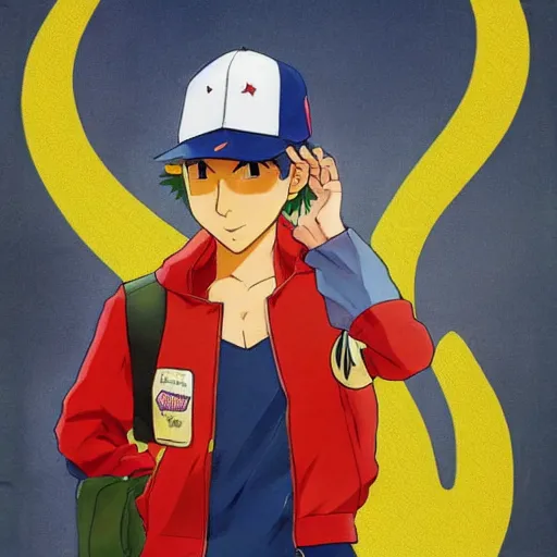 Image similar to Ash ketchum wearing a yellow jacket, fantasy art