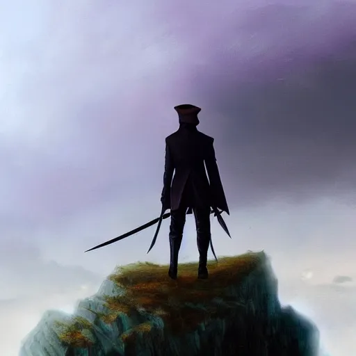 Image similar to dark-skinned man standing tall on a cliff fog clouds clothed in military uniform holding sword in the style of CASPAR DAVID FRIEDRICH techno atmosphere colourful beautiful image, brush strokes, pastel, artstation deviantart acrylic