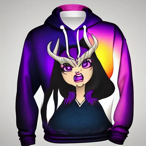 Prompt: high-quality digital art of a succubus wearing an asexual pride flag hoodie.