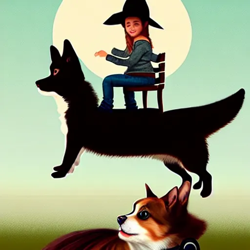 Image similar to tiny cat as a girl in cowboy hat riding on the back of a giant corgi by greg rutkowski