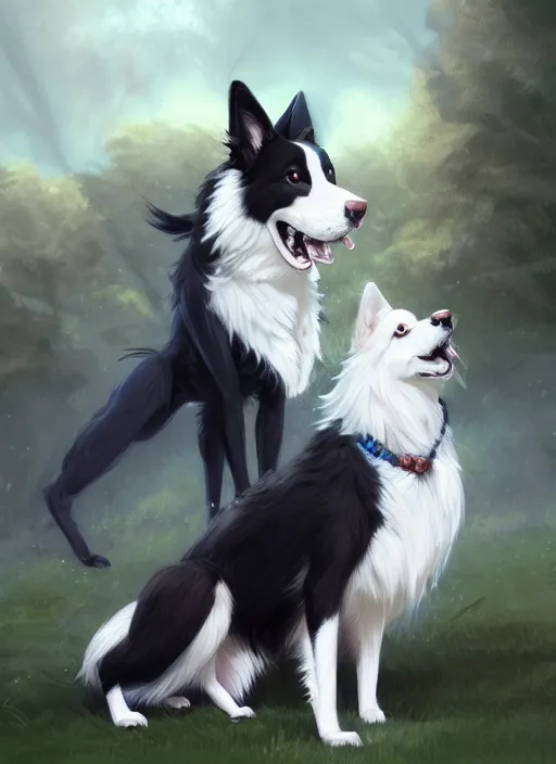 Image similar to wide angle full body portrait of a cute male anthropomorphic border collie fursona wearing a jacket in front of a park, by charlie bowater, henry asencio, and ross tran, concept art, digital painting, furaffinity, scenic background, intricate, elegant, beautiful, fantasy, glamor pose, detailed, trending on artstation