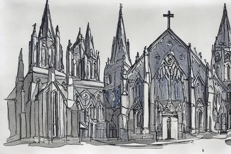 Prompt: Maringá's Cathedral, sketchbook with annotation, blue print, ultra detailed