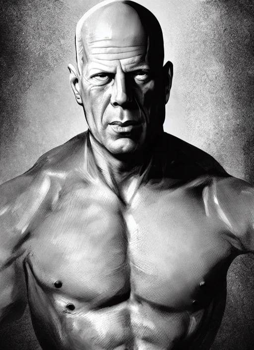 Image similar to highly detailed ink illustration of bruce willis, unreal engine, octane render, b & w clean shaped illustration by ross tran