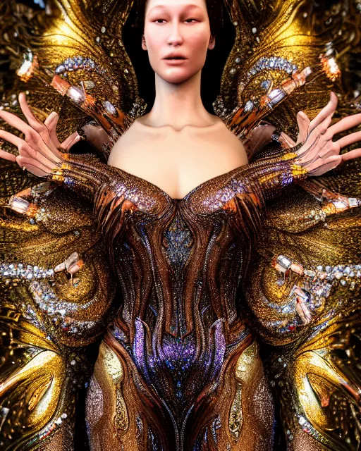 Image similar to a highly detailed metahuman 8 k close up render of bella hadid renaissance in iris van herpen dress in diamonds crystals swarovski and jewelry iridescent in style of gustav klimt on artstation made in unreal engine 4