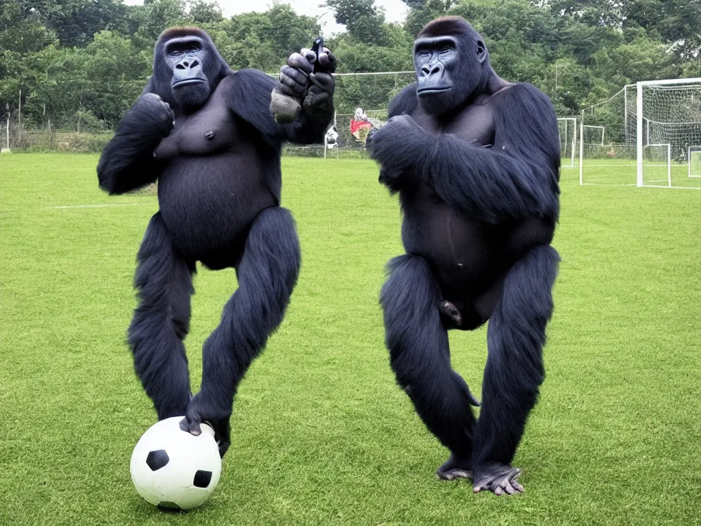 Prompt: gorilla with vr headset playing soccer, vivid