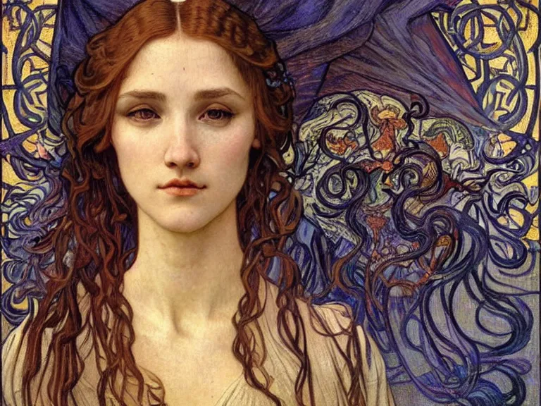 Image similar to detailed realistic beautiful young medieval queen face portrait by jean delville, alphonse mucha, vincent van gogh, and marco mazzoni, art nouveau, symbolist, visionary, gothic, pre - raphaelite