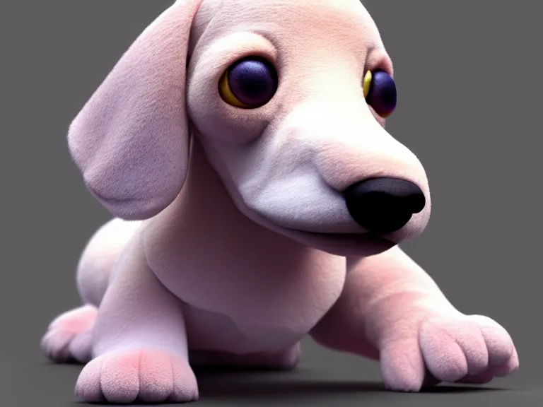 Image similar to high quality 3 d render hyperrealist very cute multipastel very fluffy smooth dachshund plush mascot, photo from the side, vray, smooth in the background, artstation, ultra detailed, octane render